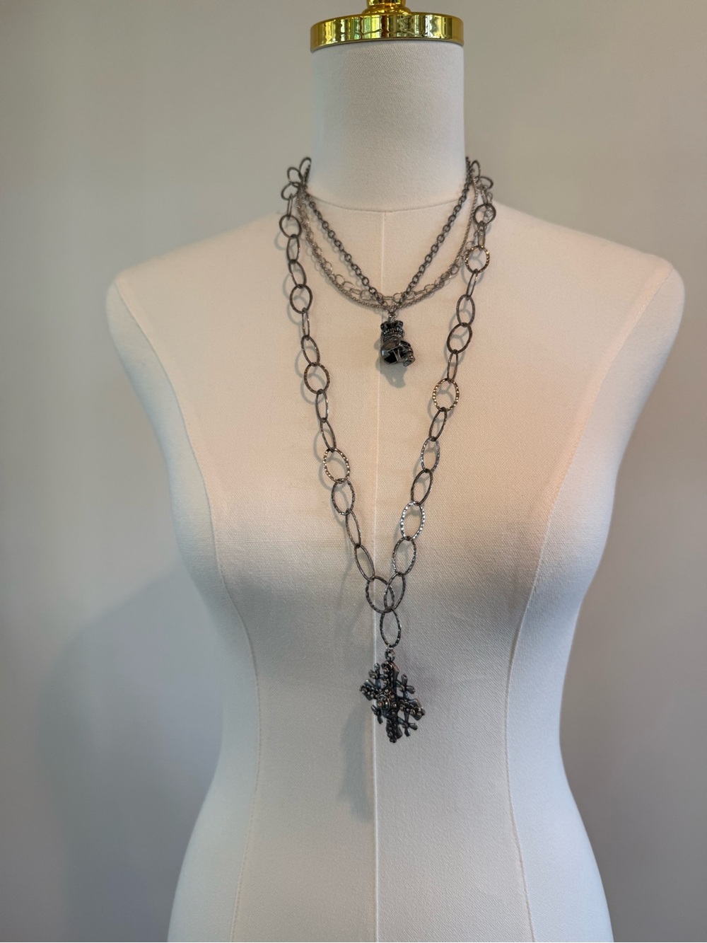 Versani Gunmetal Layered Chain Necklace with Cross Pendants
